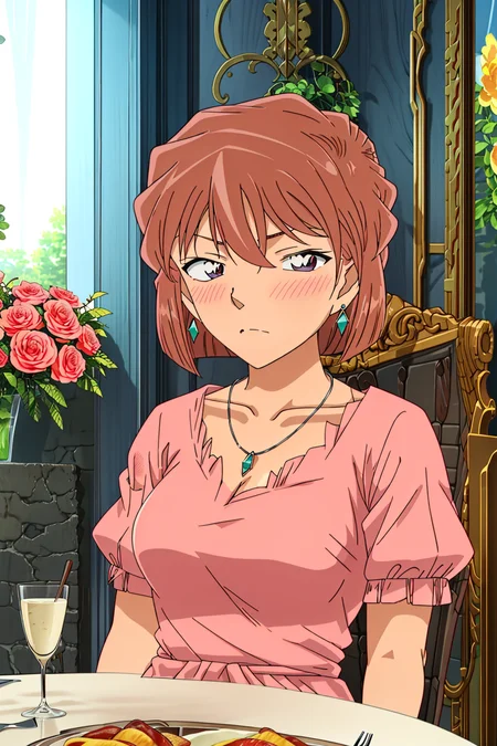haibaratv,1girl,brown hair,short hair,nose blush,embarrassed, pink lucency full dress,earrings, indoors, banquet,table,necklace, table,chalice,food, flower, window,jewelry, gem,sitting, upper body, chair,
<lora:haibaratv:0.8>