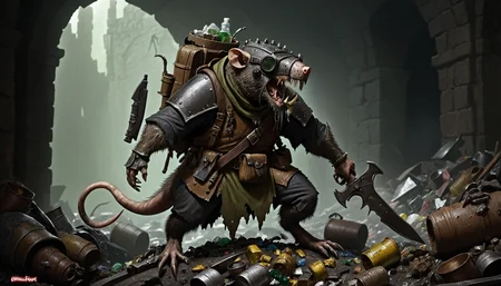 A digital painting of a Skaven from Warhammer Fantasy. The Skaven is depicted as a bipedal rat-like creature with grey fur and a long, scaly tail. It is wearing a tattered brown cloak and a metal helmet with a pair of goggles. It is also carrying a variety of weapons and gadgets, including a pair of pistols, a dagger, and a backpack full of alchemical potions. The Skaven is standing in a dark, underground chamber, surrounded by piles of garbage and debris. The air is thick with the smell of decay and the sound of dripping water.
<lora:Skaven-000008:1>