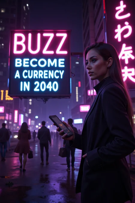 real photo, cinematic, (bubble text that says "BUZZ BECOMES A CURRENCY IN 2040"), a successfull businesswoman in a suit IN A CYBERPUNK NEON LIT CITY AT NIGHT