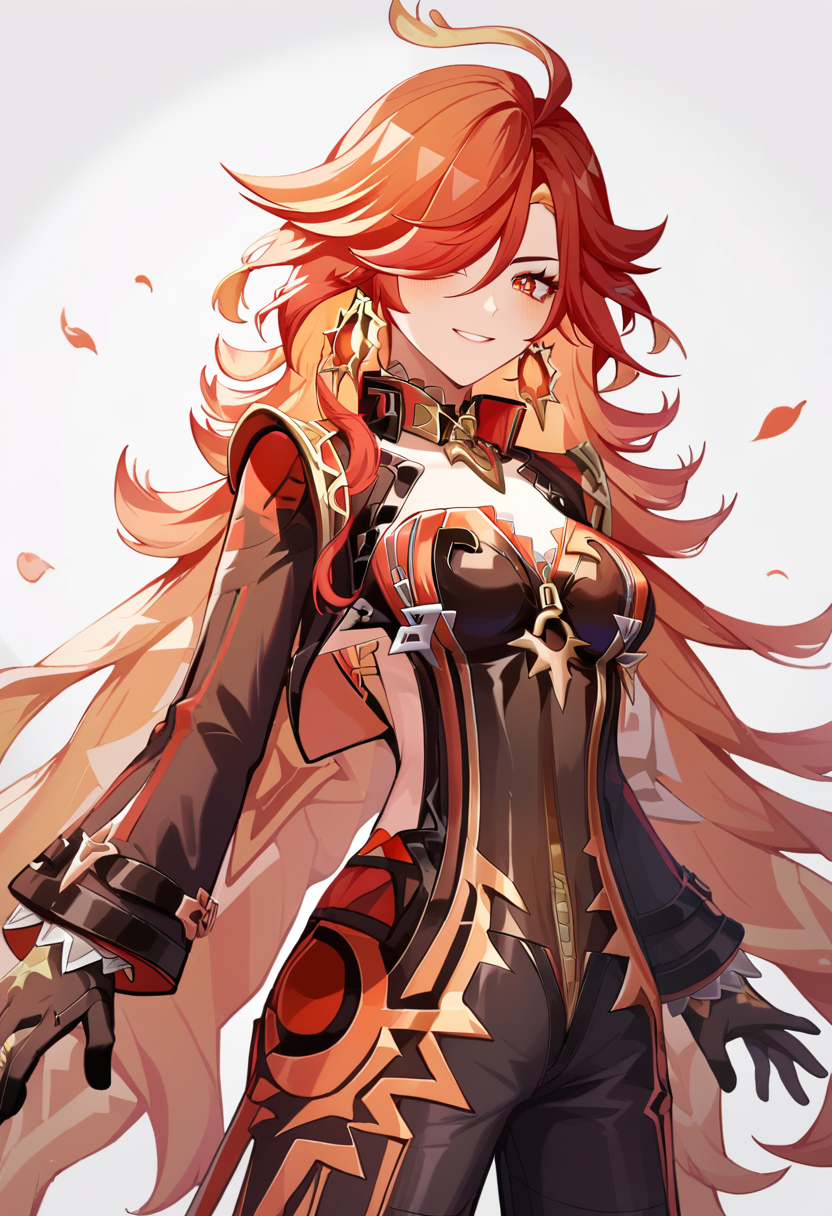 score_9,score_8_up,score_7_up,<lora:mavuika_(genshin_impact)_pony:1>,1girl, earrings, smile, long_sleeves, cleavage, mavuika_(genshin_impact), medium_breasts, hair_over_one_eye, outstretched_arms, black_gloves, solo