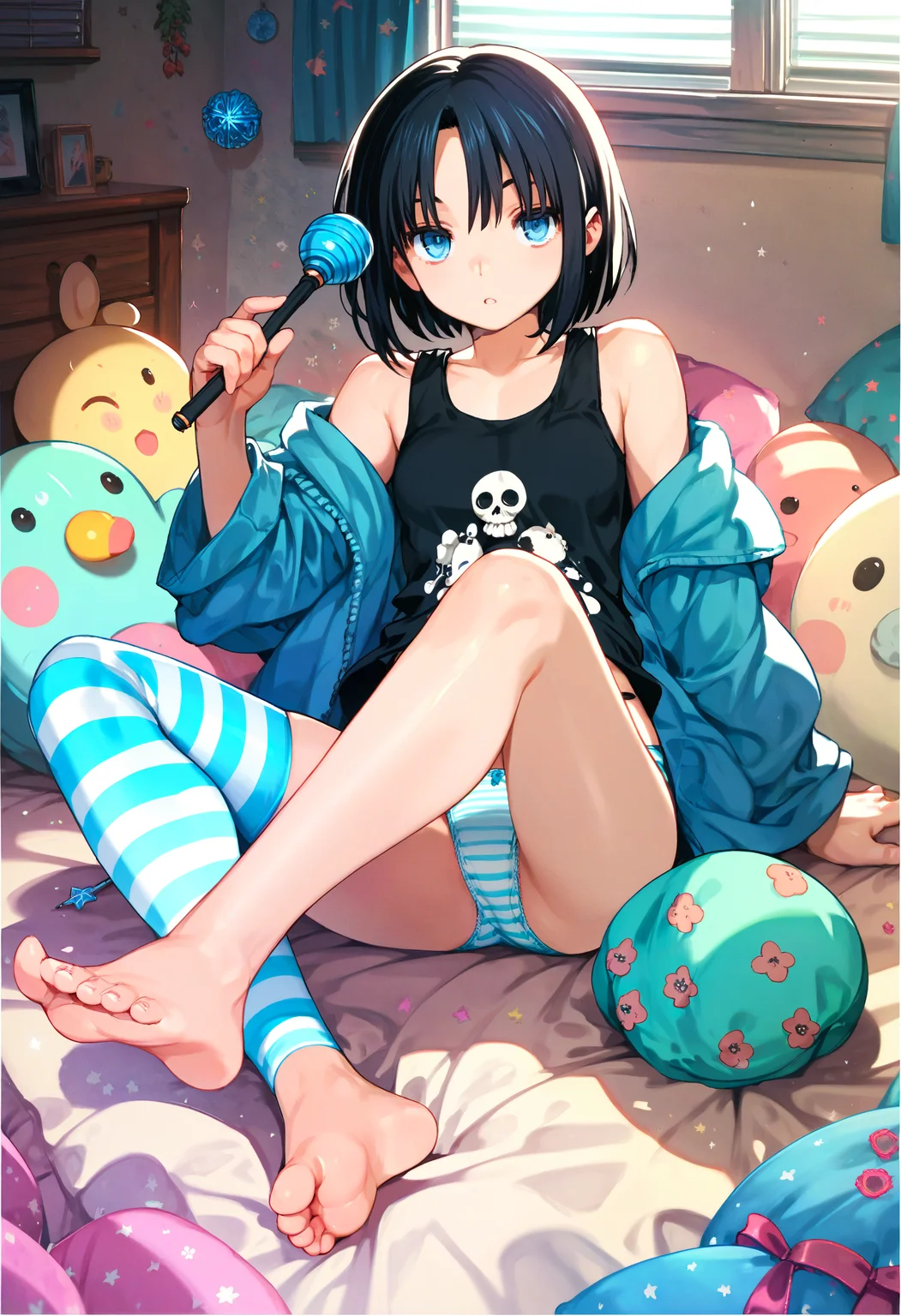 score_9,score_8_up,score_7_up,(score_6_up:1.1),source_anime,<lora:Cool_Rance_Hadrian:1>,1girl,full body,pose,bedroom,holding wand,black hair,white tank top,print panties,white panties,striped thighhighs,barefoot,black hair,blue eyes,leg up,