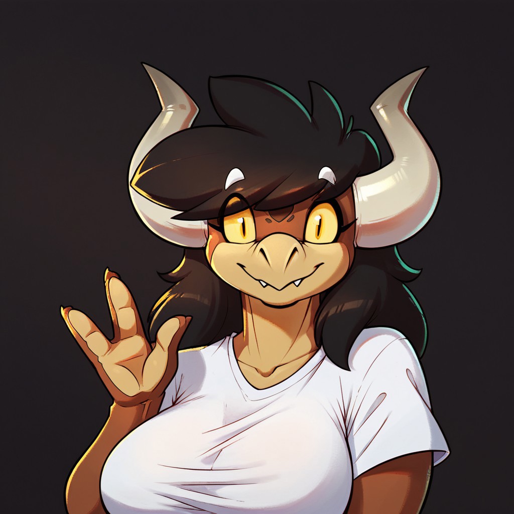 score_9, score_8_up, score_7_up, Expressiveh, masterpiece, best quality, highly detailed, realistic, (zPDXL3), 1girl, solo, (SamanthaReyes, furry, anthro, scalie, kobold, black hair, yellow sclera, amber eyes, brown body, curved horns, eyebrows visible through hair, white eyebrows), upper body, close-up, smile, white shirt, t-shirt, looking at viewer, black background, simple background, ((waving, 3 fingers)), uncensored, closed mouth, fang