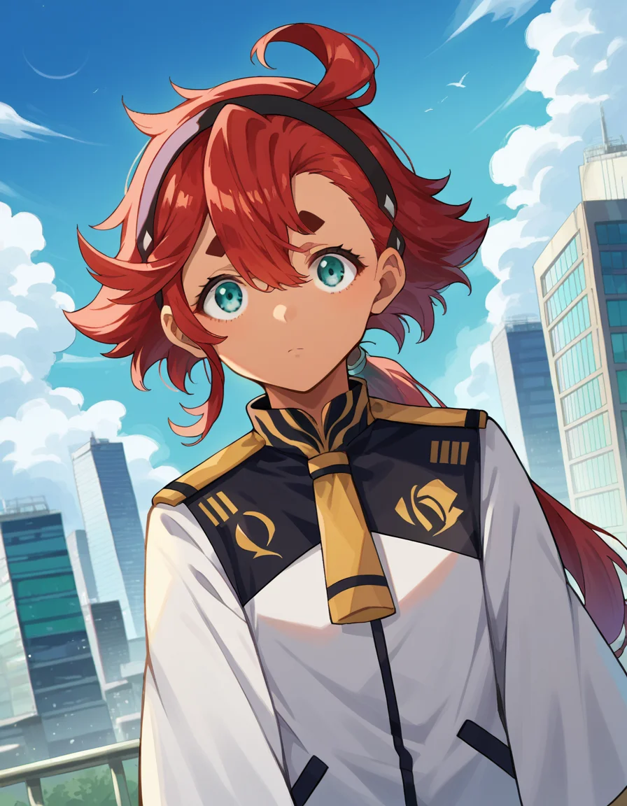score_9, score_8_up, score_7_up, source_anime,
sulletamercury, <lora:sulleta-mercury-ponyxl-lora-nochekaiser:1>
sulleta mercury, ahoge, aqua eyes, black hairband, dark skin, dark-skinned femaile, hair between eyes, hairband, long hair, low ponytail, red hair, swept bangs, thick eyebrows,
asticassia school uniform, jacket, long sleeves, school uniform, white jacket,
outdoors, cityscape,
looking at viewer, dutch angle, cowboy shot,