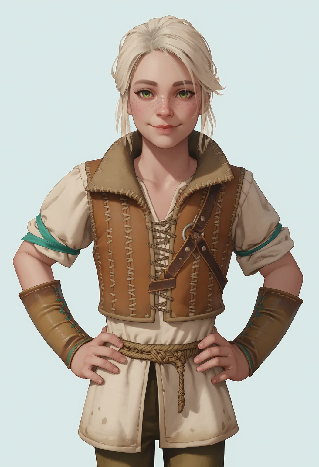 score_9, score_8_up, score_7_up, score_6_up, score_5_up, score_4_up, 1girl, <lora:YoungCiriW3:0.85> solo, skinny, green eyes, white hair, freckles, lips, vest, short sleeves, pants, bracers, smile, looking at viewer, hands on hips,
light blue background, simple background,