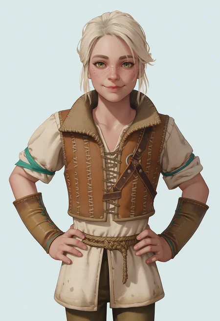 score_9, score_8_up, score_7_up, score_6_up, score_5_up, score_4_up, 1girl, <lora:YoungCiriW3:0.85> solo, skinny, green eyes, white hair, freckles, lips, vest, short sleeves, pants, bracers, smile, looking at viewer, hands on hips,
light blue background, simple background,