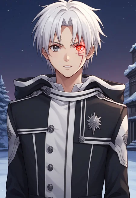 score_9, score_8_up, score_7_up, source_anime, highly detailed,
allenwalker, solo, 1boy, male focus, looking at viewer, grey eyes, white hair, coat, long sleeves, facial mark, exorcist uniform, hood, gloves, white gloves, upper body, slender, skinny
outdoor, night, sky, single red eye, glowing eye, teeth, serious,