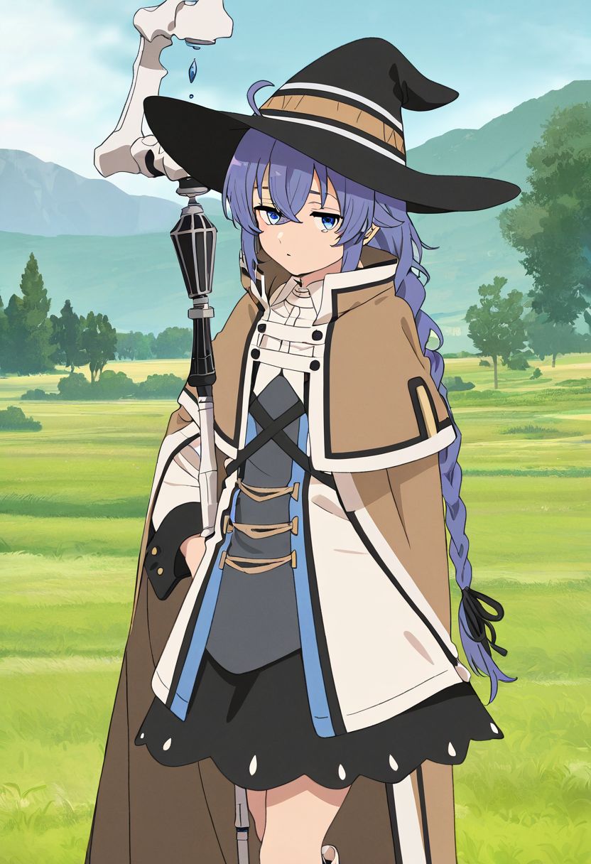 masterpiece, best quality, newest, absurdres, highres, detailed eyes, beautiful, detailed background, perfect eyes, anime coloring, 1girl, solo, petite, roxy migurdia, blue hair, long hair, twin braids, hair between eyes, ahoge, blue eyes, small breasts, RoxyMageA, witch hat, brown cloak, white jacket, long sleeves, black skirt, black socks, white boots, holding mage staff, looking at viewer, half-closed eyes, (detailed background, outdoors, grassland, tree, upper body),  <lora:roxy_mskt_xl:0.8>
