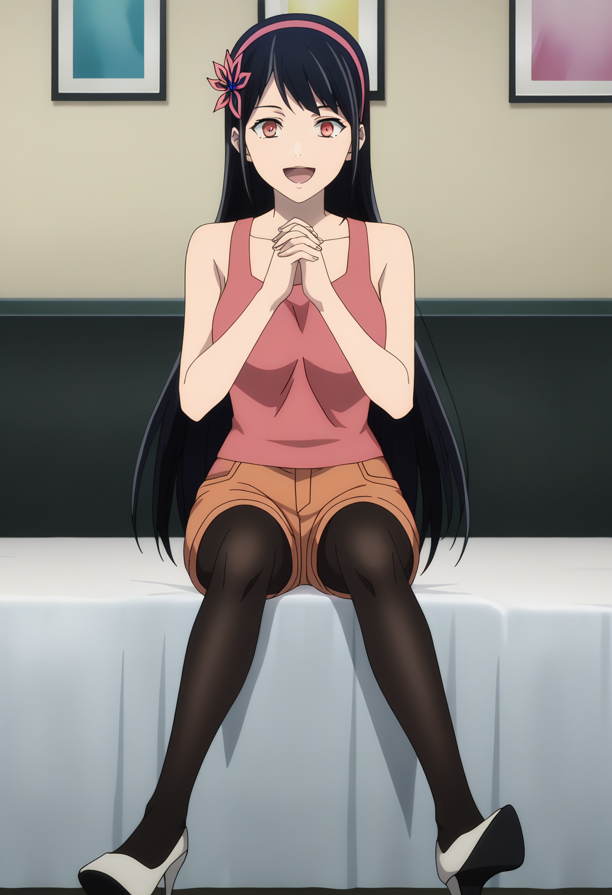 score_9, score_8_up, score_7_up, source_anime, rating_explict,
BREAK
1girl, solo, anime screencap, anime coloring, 
<lora:shiYeonFinalV1:1>, yeonpnk, long hair, black hair, red eyes, hair ornament, hairband, hair flower,
bare shoulders, collarbone, pink tank top, pink shirt, 
brown shorts, orange shorts, pantyhose under shorts, black pantyhose, white footwear, high heels, 
looking at viewer, smile, open mouth, happy, own hands together, clapping, 
indoors, bed, sitting,