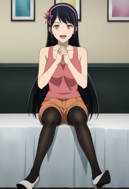 score_9, score_8_up, score_7_up, source_anime, rating_explict,
BREAK
1girl, solo, anime screencap, anime coloring,
<lora:shiYeonFinalV1:1>, yeonpnk, long hair, black hair, red eyes, hair ornament, hairband, hair flower,
bare shoulders, collarbone, pink tank top, pink shirt,
brown shorts, orange shorts, pantyhose under shorts, black pantyhose, white footwear, high heels,
looking at viewer, smile, open mouth, happy, own hands together, clapping,
indoors, bed, sitting,