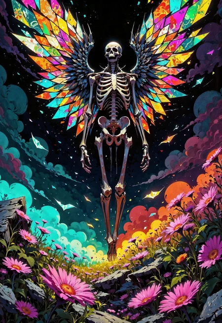 (in Otomo Katsuhiro style:1.2), masterpiece, high-quality, A skeletal figure with wings formed from shards of stained glass, each shard reflecting scenes of memories from past lives, They hover over a landscape divided between night and day, casting a kaleidoscope of colors over the dark side, Below flowers bloom where the colored light touches, memory shards, life and death, spectral light, Stylized anime-inspired art with abstract stained-glass details and vibrant contrasts, (elaborate fine details:1.1), (hyperdetailed:1.1), (intricate details:1.0), (Refined details:1.1), (best quality:1.1), (high resolution:1.2), <lora:FLUX\Anime v1.3:0.6> <lora:FLUX\VividlyReal:0.6> <lora:FLUX\FLUX-daubrez-DB4RZ:0.4>