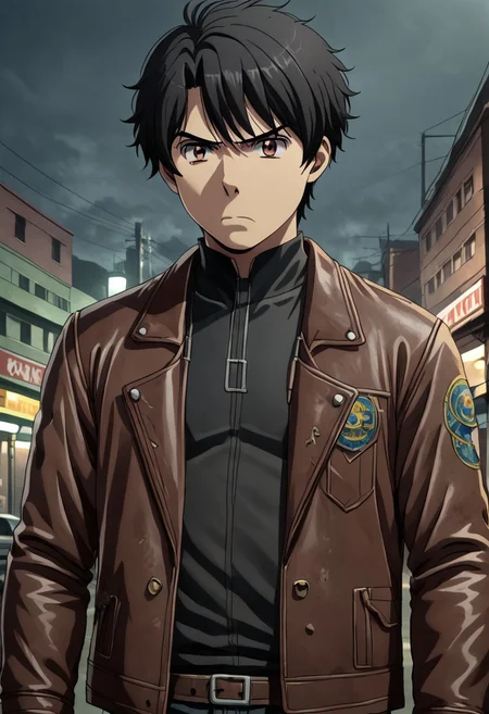 high resolution, solo, best quality, 1Boy, Inaho Kaizuka, Black hair, Brown Eyes, gangster, yakuza, leather jacket, annoyed,