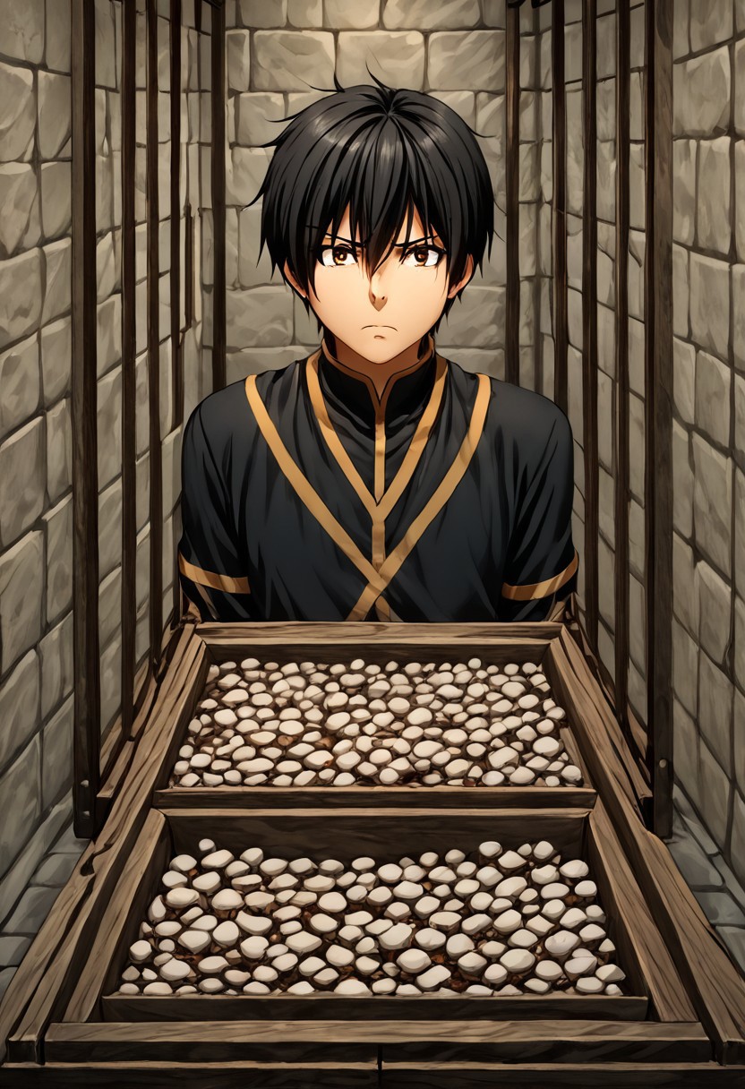 high resolution, solo, best quality, 1Boy, Seiya Kanie, Black Hair, Short Hair, Thin, Brown Eyes, Captivity, isolation, hunger, survival,