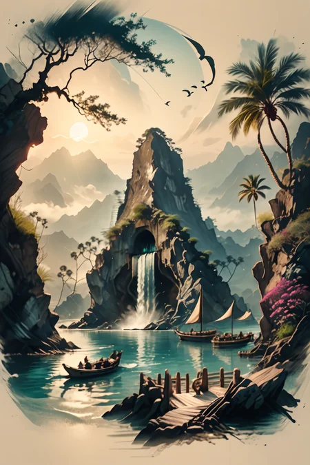 <lora:Calligraphy-ink-style-darquelilly-v1:1> calligraphyinkstyle,a blue lagoon, palm trees and white lilies, in the center is a huge waterfall as a cave entrance, crystal clear sea water, peacful atmosphere, volumetric lighting, <lora:dAIversity-LoRAtest-Photoreal-SD15-01:0.7>