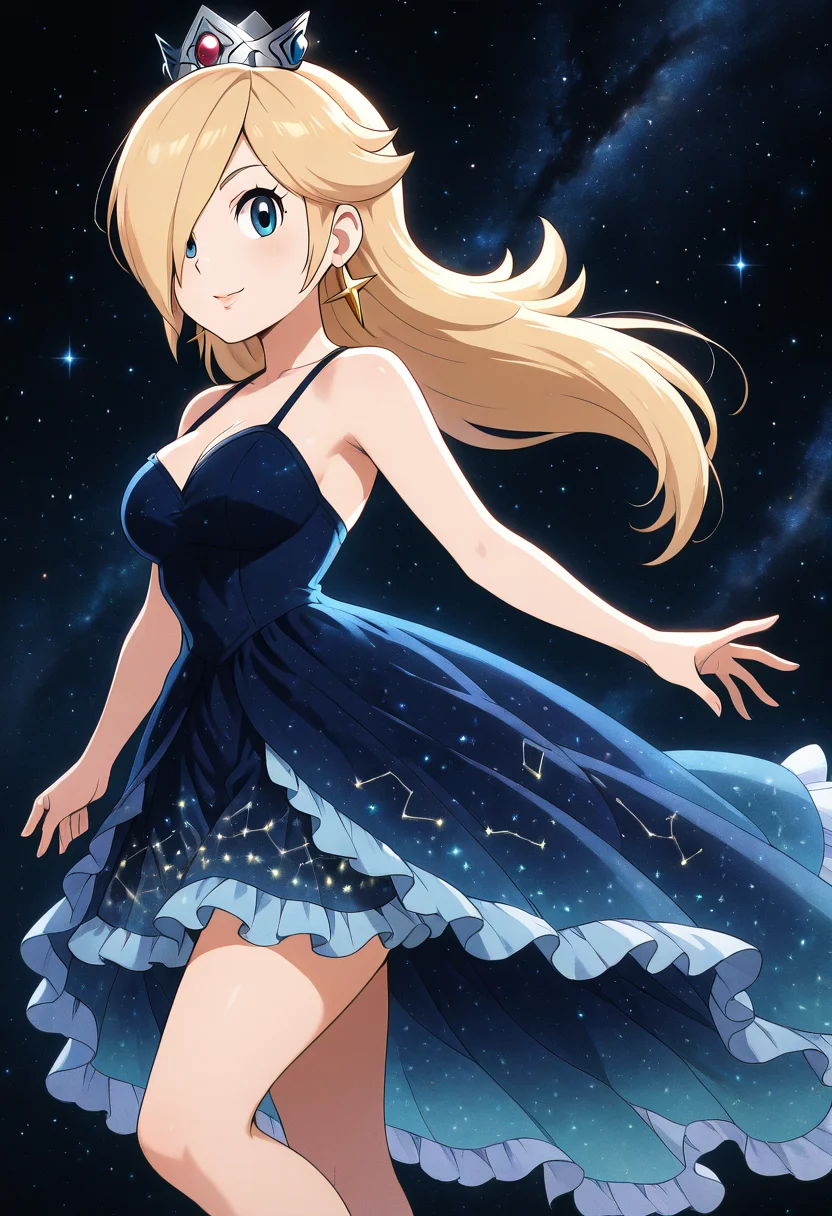 masterpiece, best quality, solo, curvy, beautiful eyes, narrow waist, wide hips, 1girl, solo, smile, looking at viewer, dynamic pose, space, SilkStarsCitron, dark blue, dress, starry sky print, bare shoulders, frilled dress, sleeveless dress, constellation, star (sky), , <lora:SilkStarsCitron_IXL:1.0>, (side view), rosalina, mario (series), 1girl, blue eyes, hair over one eye, blonde hair, long hair, large breasts, bare shoulders, star earrings, crown