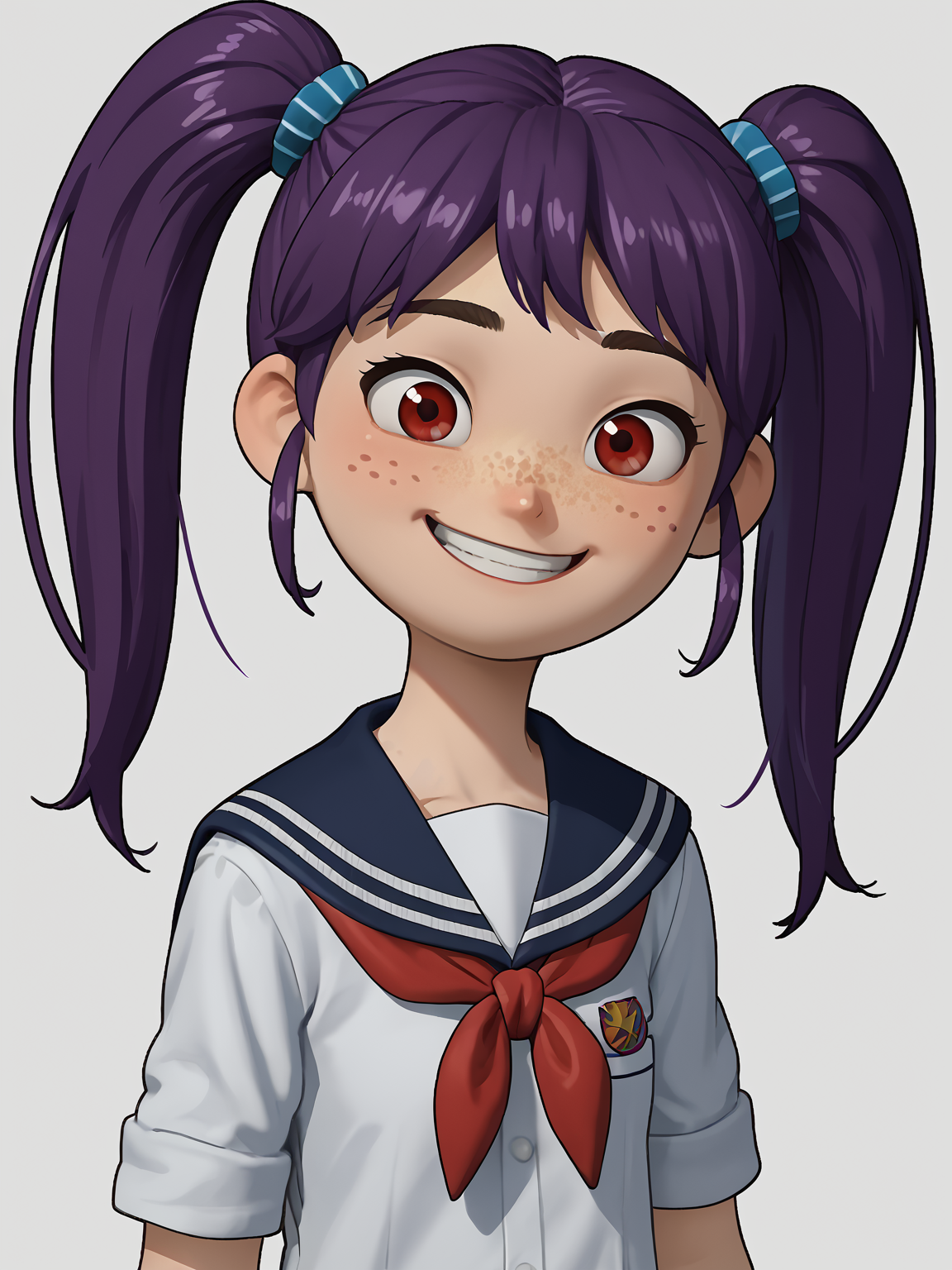 1girl, <lora:Ellie (Sprite Fright):0.84> elliesf, purple hair, twintails, red eyes, freckles
score_7_up, source_anime, school uniform, smile