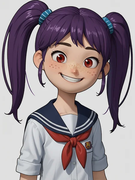 1girl, <lora:Ellie (Sprite Fright):0.84> elliesf, purple hair, twintails, red eyes, freckles
score_7_up, source_anime, school uniform, smile