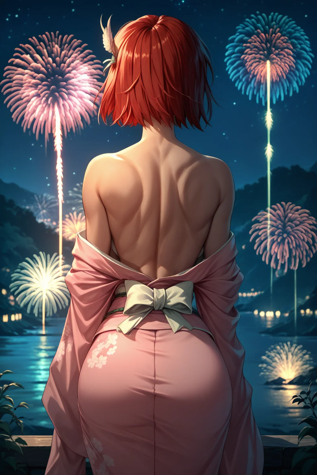 score_9, score_8_up, score_7_up, <lora:NSPriscillaFE7:1> NSPriscillaFE7, red hair, short hair, wing hair ornament, pink kimono, bare shoulders, bare back, fireworks, night, curvy, outdoors