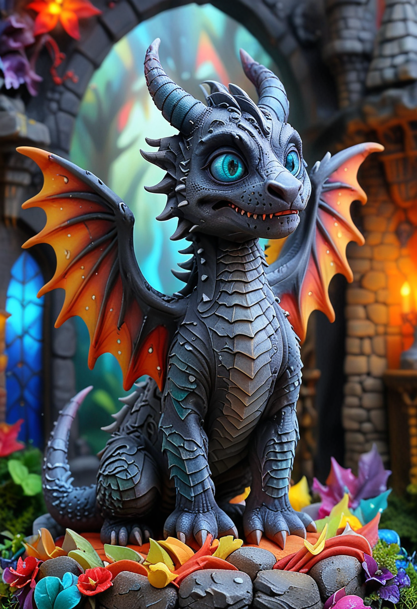 (medium full shot) of (terrifying dragon) with heterochromia eyes, four-legged, obsidian black scales, smooth scales, tattered wings, twisted horns, spiked collar, set in  a vibrant enchanted castle, with bright banners, curious creatures, a lively ambiance ,  Masterpiece,best quality, very aesthetic