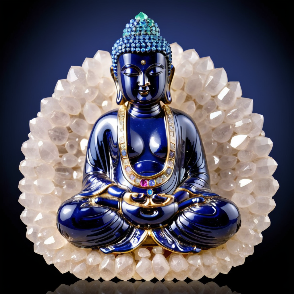 An exquisite representation of the Maitreya Buddha, meticulously crafted from a medley of precious gemstones. The statue should radiate serenity and divinity, with the Buddha's iconic smile and relaxed posture. The body could be made of clear, luminous crystal, while the robes shimmer in a cascade of emeralds, sapphires, and rubies. The Buddha's eyes, imbued with wisdom, might be represented by deep blue sapphires, and the ushnisha (crown of hair) could be adorned with diamonds. The backdrop should be simple and neutral, ensuring the gemstone Buddha remains the focal point. The photograph's quality should be of high resolution, capturing the intricate details, facets, and brilliance of each gemstone,<lora:ggmine:0.45>,ggmine