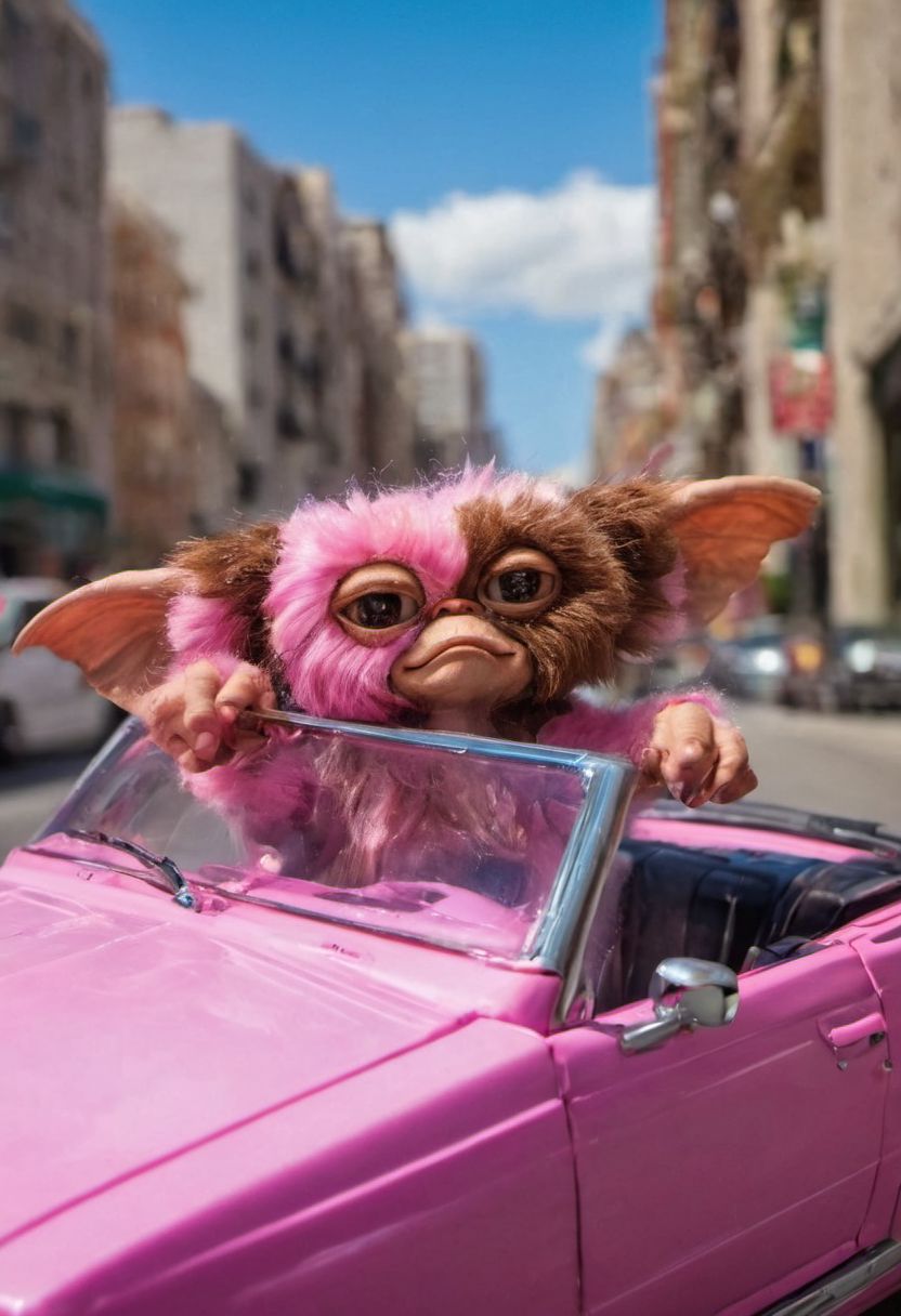 #giz#, (gremling driving a pink convertible car toy , Hands the steering, wheel down, hair moving through speed  :1.0) , amazing world, vivid colors, detailed , portrait in street of city, ( ultrarealist photography :1.3)