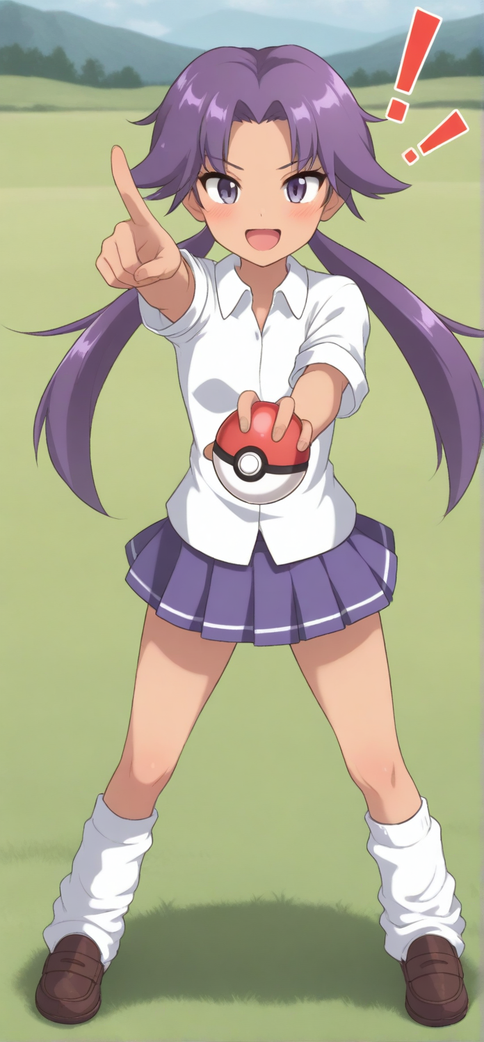 2d, masterpiece, best quality, amazing quality, 1girl, solo, close-up, standing, open mouth, smile, exclamation mark, stretched arm, full body,holding pokeball, looking at viewer, meadow, day,  lassgsc, lass \(pokemon gsc\), purple eyes, purple hair, long hair, low twintails, dark-skinned female, white shirt, collared shirt, purple skirt, pleated skirt, miniskirt, loose socks, white socks, loafers, brown footwear