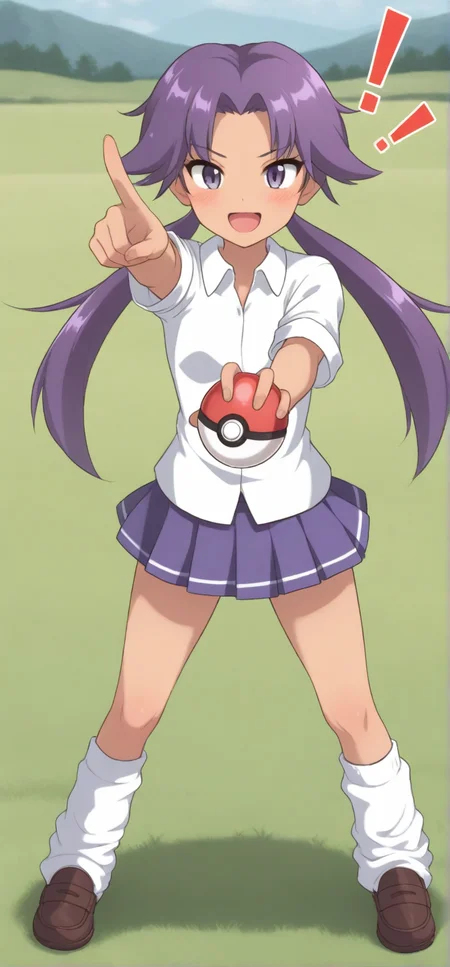 2d, masterpiece, best quality, amazing quality, 1girl, solo, close-up, standing, open mouth, smile, exclamation mark, stretched arm, full body,holding pokeball, looking at viewer, meadow, day, lassgsc, lass \(pokemon gsc\), purple eyes, purple hair, long hair, low twintails, dark-skinned female, white shirt, collared shirt, purple skirt, pleated skirt, miniskirt, loose socks, white socks, loafers, brown footwear