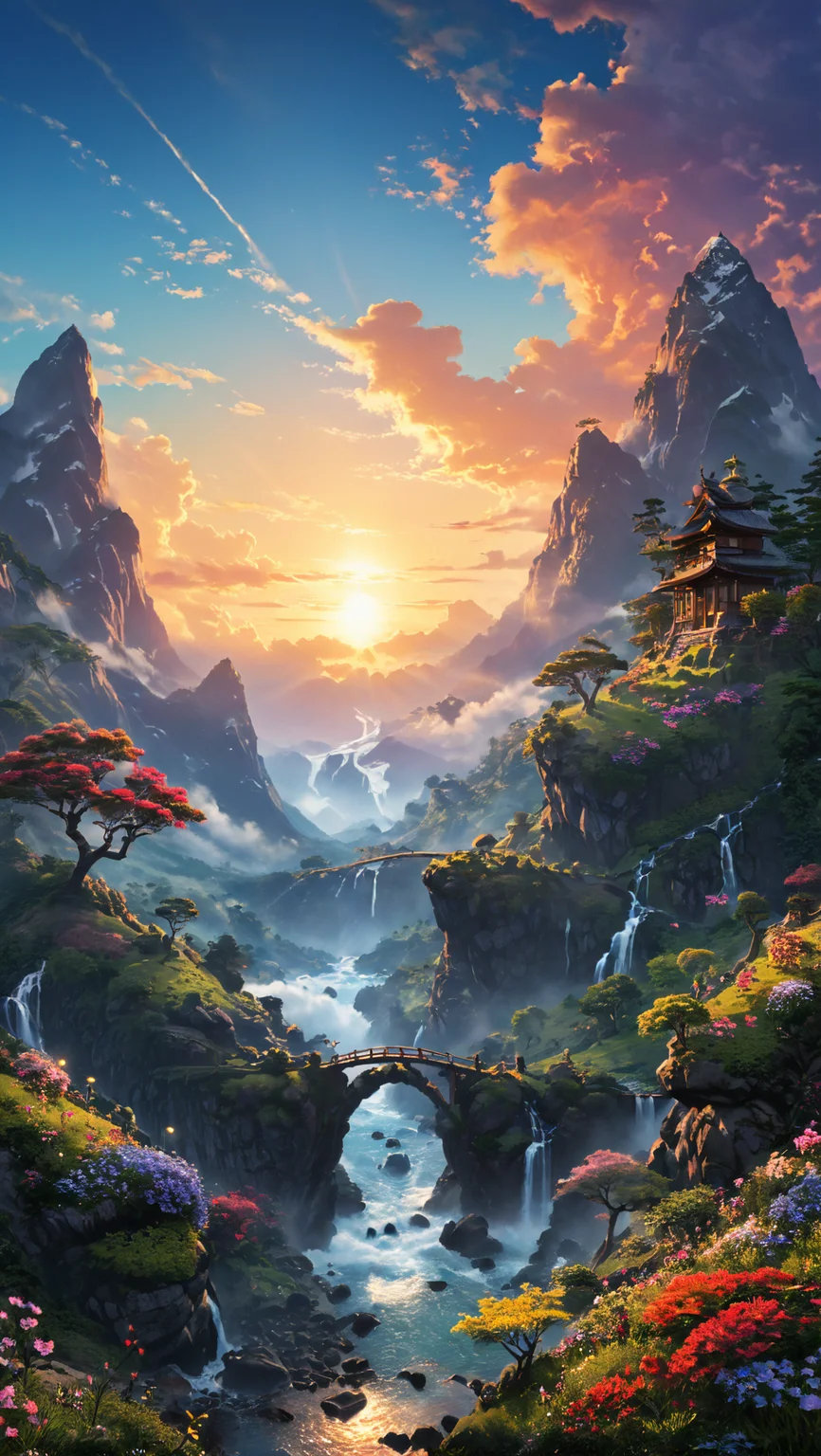 <(Digital watercolor Illustration of a summerscape sunset, by JB, Waterhouse, Carne Griffiths, Minjae Lee, Ana Paula Hoppe, Stylized watercolor art, Intricate, Complex contrast, HDR, Sharp, soft Cinematic Volumetric lighting, flowery pastel colours, wide long shot, perfect masterpiece:):1.0>,
<(detailed matte painting, deep color, fantastical, intricate detail, splash screen, complementary colors, fantasy concept art, 8k resolution trending on Artstation Unreal Engine 5):0.9>