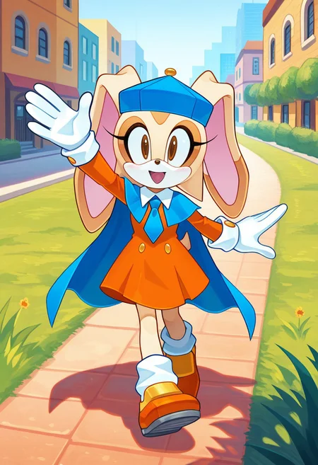 1girl, solo, <lora:Candleyy:1> , standing, one hand waving, joyful laugh, bright expression, carefree energy,
<lora:Jewel-IL:0.8> blue cape,Cream the rabbit, 1girl, solo, anthro, furry, female, furry female,animal nose,
orange dress, blue necktie, orange and yellow_shoes, white socks, white gloves, gold buttons, white collar,orange shoes
, capelet,  felt hat, extremely detailed, highres, masterpiece, best quality, outdoor, grass, sean, walking, city, early morning,