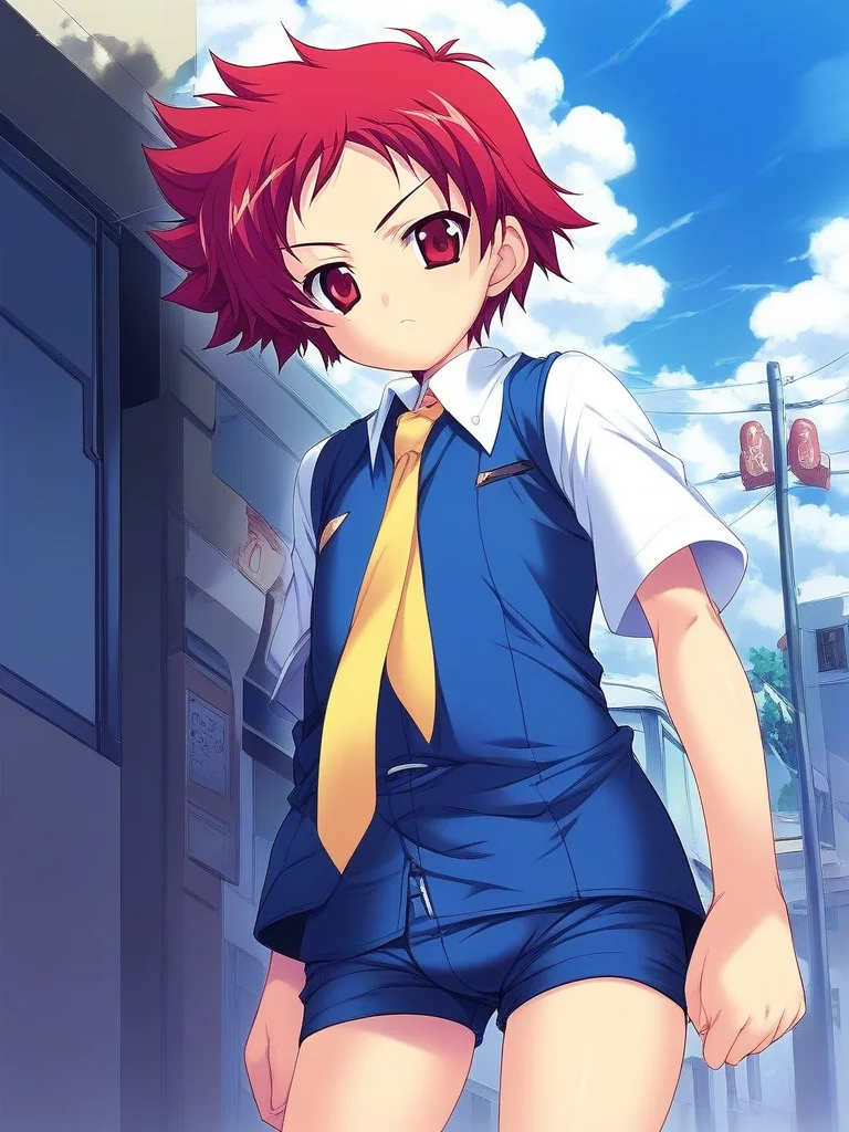 score_9, score_8_up, score_7_up, source_anime, rating_explicit, BREAK <lora:Tsurumi_Tsubasa_Ver2.0_XL:1> TsurumiTsubasa, 1boy, solo, short hair, red hair, red eyes,
shorts, Yellow necktie,
outdoor, day, sky,
slant eyes, serious,
looking at viewer,
cowboy_Shot,