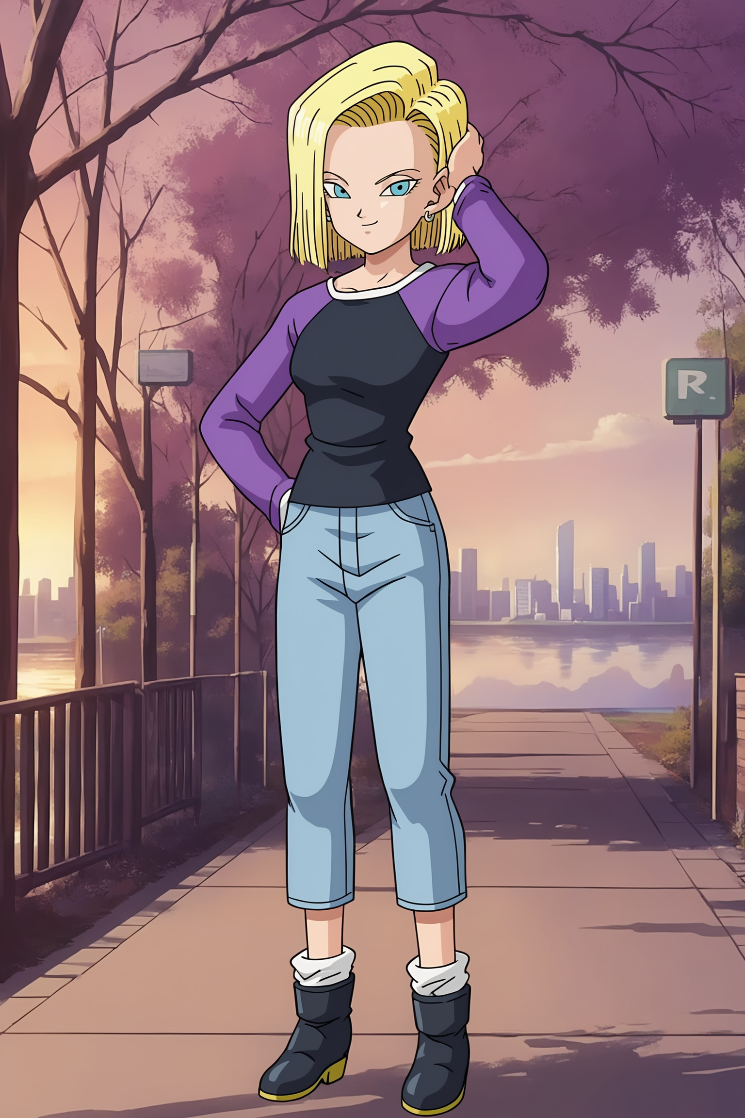 source_anime, score_9, score_8_up, score_7_up, anime screencap, absurdres,
android 18, dragon ball super, casual outfit, anime coloring, official style, 1girl, solo, smile, short hair, blue eyes, blonde hair, white legwear, loose socks, silver earring, boots, outdoors, blue bottomwear, tree, denim, jeans, black footwear, black shirt, collarbone, eyelashes, lake, path, long sleeves, hand on hip, hand in own hair, looking at viewer, pocket, purple sleeves, two tone shirt, sunset, cityscape
 <lora:c18_v1:0.8>