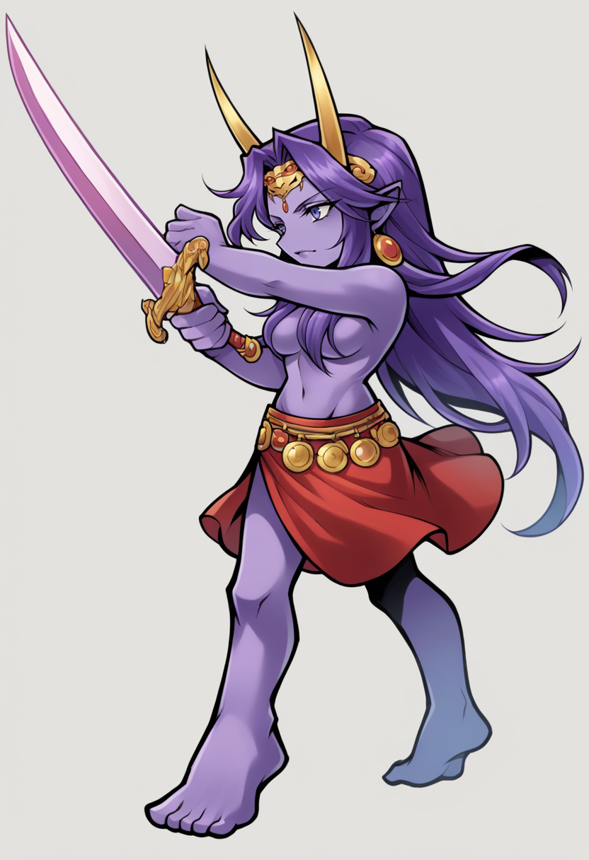 score_9, score_8_up, score_7_up, source_anime BREAK 1girl, solo,
<lora:zs_OperaOmniaStyleXL:1> operaomniastyle, full body, white background
 <lora:zs_YaksiniXL:1> yaksinismt, purple hair, long hair, hair over breasts, jewelry, horns, colored skin, red skirt, purple skin, holding, sword