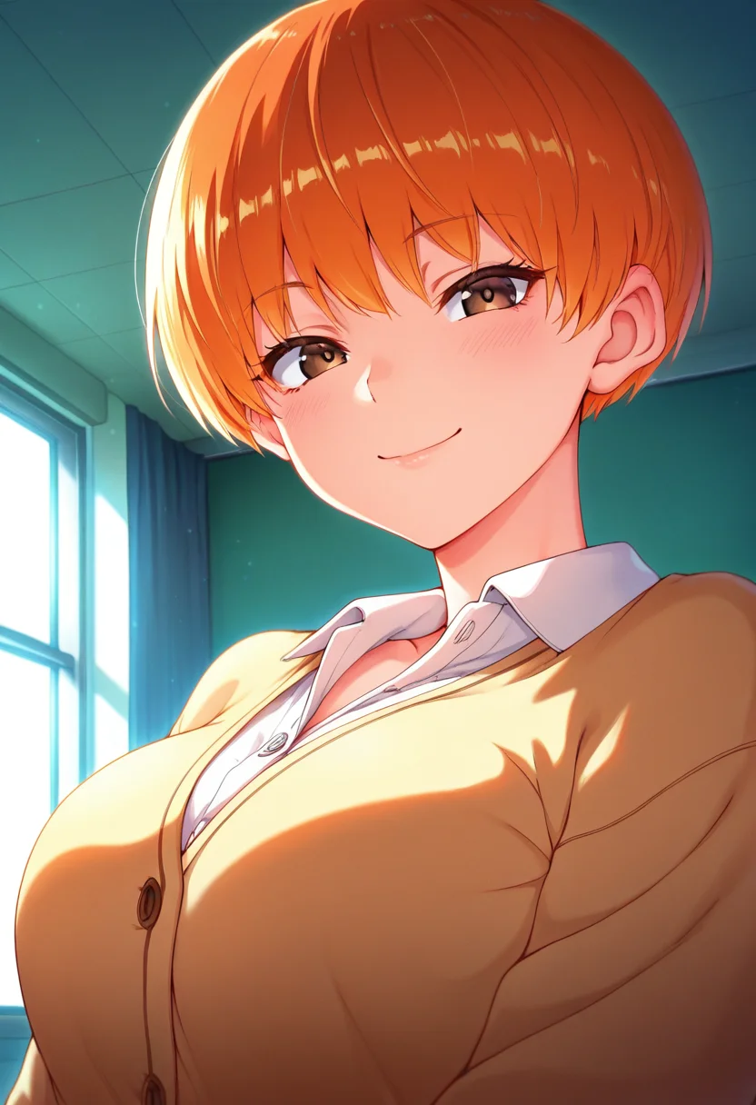 masterpiece, best quality, amazing quality, 1girl, solo, (portrait:1.2), tsumugiww, brown eyes, orange hair, short hair, very short hair, large breasts, school uniform, cardigan, collared shirt, looking at viewer, smile, indoors, skindentation, detailed clothing folds, depth of field, sharp, high contrast, dynamic light <lora:Tsumugi_Happily_ever_after_ill:0.9>