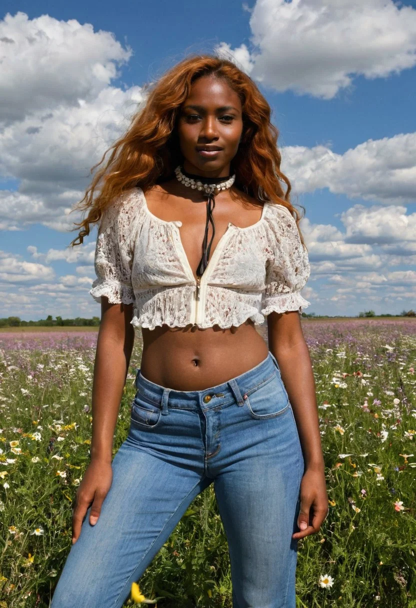 sdxl_jessidom, long wavy ginger hair parted down the middle, dressed in a sheer peasant blouse and bell-bottom unzipped jeans, barefoot in a sun-drenched wildflower field, a leather cord choker around her neck, pants open and slightly down revealing a bit of pubic hair. blue sky with puffy clouds. dark skin, cute face, erect nipples, braless,