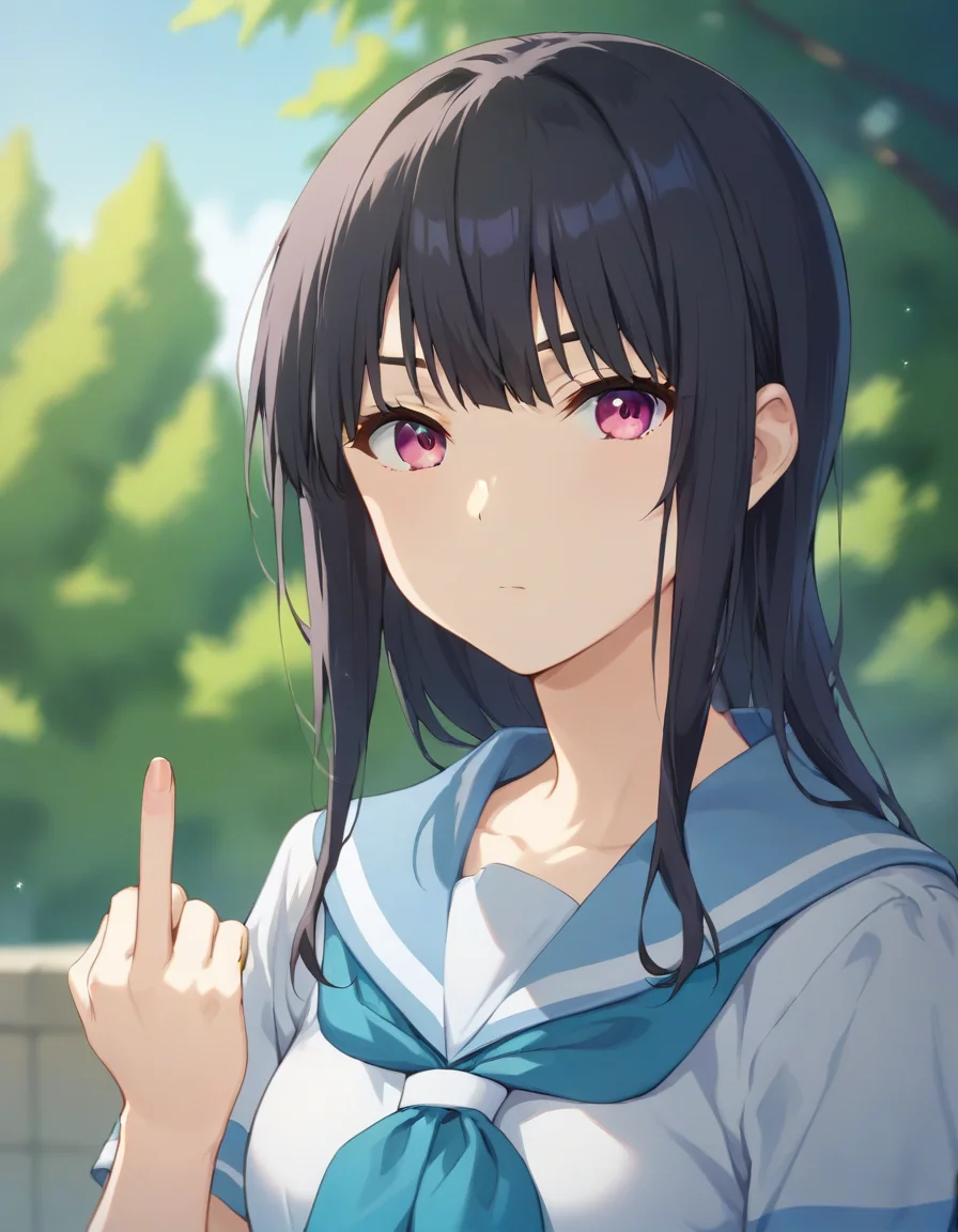 score_9,score_8_up,score_7_up,score_6_up,BREAK official art,solo,outdoors,expressionless,upper body,(portrait:1.5),cheek-to-cheek,looking at viewer,facing viewer,Yoroizuka Mizore,long hair,black hair,sidelocks,bangs,pink eyes,kitauji high school uniform,blue sailor collar,blue neckerchief,white shirt,short sleeves,middle finger,medium breasts,blue skirt,long skirt,pleated skirt,black socks,loafers,<lora:Yoroizuka Mizore(hibike)-Pony:1.2>,<lora:Smooth Anime Style LoRA XL:0.8>,