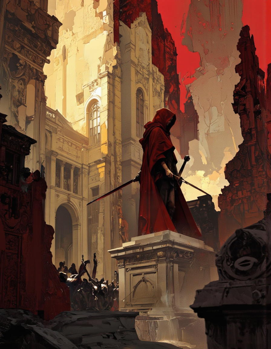 Art by Richard Anderson. A digital illustration shoot from a low angle about a mysterious figure in a red hooded cloak stands on a stone pedestal amidst a dramatic, abstract architectural background. the image also shows a grand, ornate building with intricate details and a red sky. on the center of the image, a 1woman, who appears to be in her mid-twenties, stands with her back to the viewer, facing away from the viewer. she is wearing a red cloak and holding a sword in her right hand. her hair is styled in a long hair style and she has a serious expression on her face. the woman is positioned in the middle of the frame, with her upper body visible from the perspective of the camera. the background is filled with a mix of abstract shapes and colors, including red, yellow, and beige, which create a sense of depth and dimension. the overall effect is one of grandeur and mystery, with a focus on the figure and the dramatic lighting.