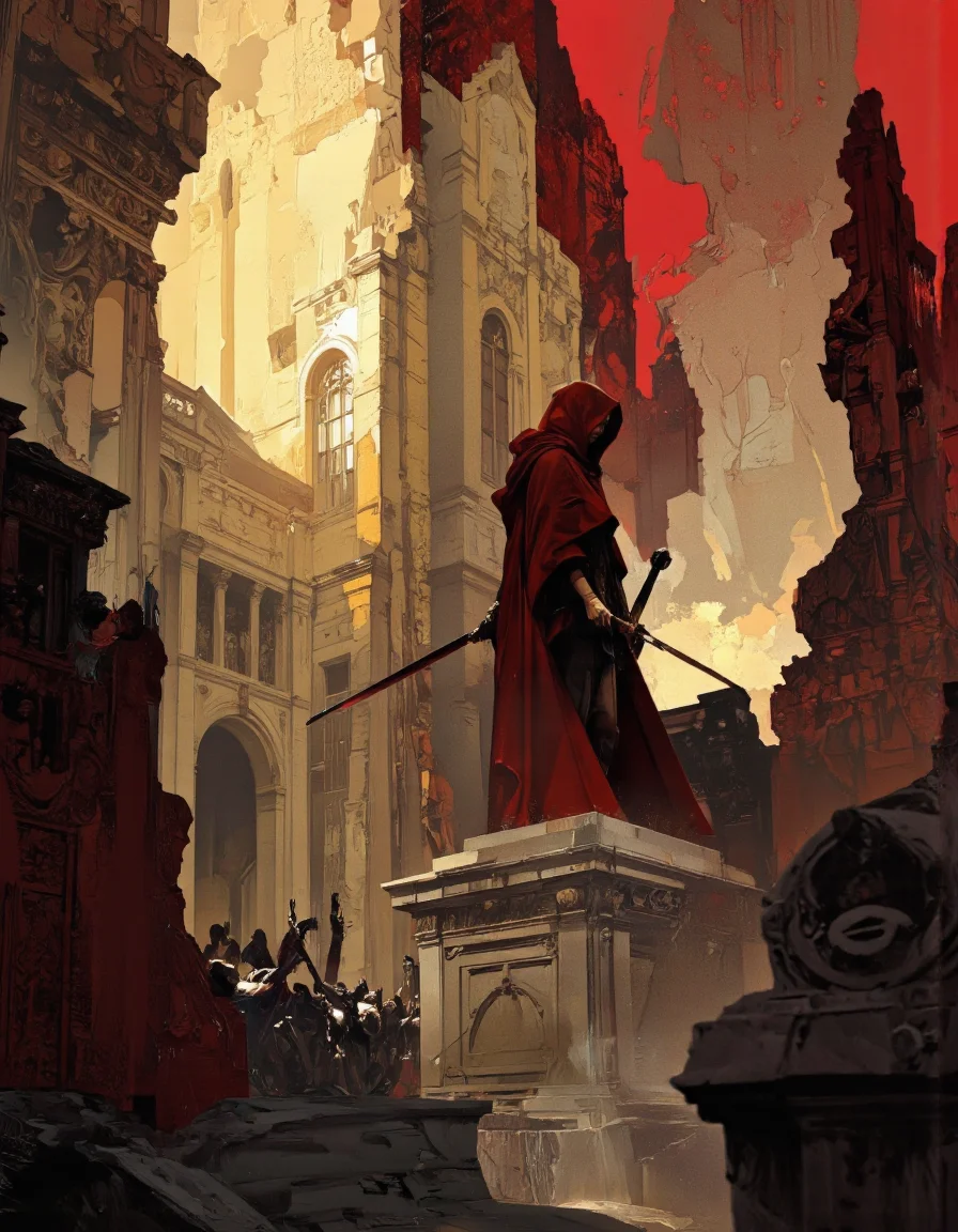 Art by Richard Anderson. A digital illustration shoot from a low angle about a mysterious figure in a red hooded cloak stands on a stone pedestal amidst a dramatic, abstract architectural background. the image also shows a grand, ornate building with intricate details and a red sky. on the center of the image, a 1woman, who appears to be in her mid-twenties, stands with her back to the viewer, facing away from the viewer. she is wearing a red cloak and holding a sword in her right hand. her hair is styled in a long hair style and she has a serious expression on her face. the woman is positioned in the middle of the frame, with her upper body visible from the perspective of the camera. the background is filled with a mix of abstract shapes and colors, including red, yellow, and beige, which create a sense of depth and dimension. the overall effect is one of grandeur and mystery, with a focus on the figure and the dramatic lighting.