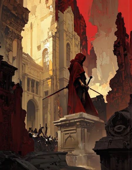 Art by Richard Anderson. A digital illustration shoot from a low angle about a mysterious figure in a red hooded cloak stands on a stone pedestal amidst a dramatic, abstract architectural background. the image also shows a grand, ornate building with intricate details and a red sky. on the center of the image, a 1woman, who appears to be in her mid-twenties, stands with her back to the viewer, facing away from the viewer. she is wearing a red cloak and holding a sword in her right hand. her hair is styled in a long hair style and she has a serious expression on her face. the woman is positioned in the middle of the frame, with her upper body visible from the perspective of the camera. the background is filled with a mix of abstract shapes and colors, including red, yellow, and beige, which create a sense of depth and dimension. the overall effect is one of grandeur and mystery, with a focus on the figure and the dramatic lighting.