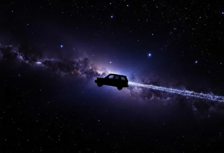 A hyperrealistic analog-style photo of a **Range Rover L322** emerging into the depths of space, as if it has just pierced through the fabric of the universe. The vehicle, still grounded in its rugged terrestrial design, appears **suspended in motion**, its silhouette framed against the vast cosmic backdrop. **Light bends unnaturally around it**, leaving behind a faint shimmering trail, like the afterimage of something that was never meant to be here.
The surrounding expanse is a masterpiece of celestial beauty—**nebulae swirl in distant hues of violet and sapphire**, their gaseous tendrils stretching across the void, while shattered asteroids and drifting ice crystals catch the glow of a nearby pulsar. The **stars burn cold and indifferent**, scattered across the infinite abyss, their light subtly reflecting off the Range Rover’s metallic frame, accentuating the contrast between the familiar and the unknown.
The image itself carries an eerie **grainy texture**, as if captured by a camera incapable of fully grasping the impossible sight before it. Tiny lens flares and dust particles give it the feel of an old, classified space expedition photo—**evidence of a moment never meant to be witnessed.** aidmafluxpro1.1
