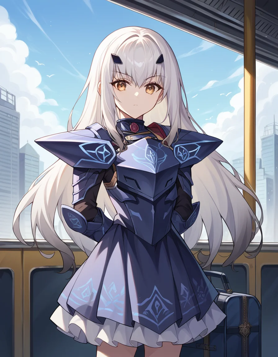 score_9, score_8_up, score_7_up, source_anime, <lora:fgo-melusine-ponyxl-lora-nochekaiser:1>, melusine, brown eyes, long hair, white hair, sidelocks,, armor, armored dress, black dress, black gloves, blue armor, blue dress, breastplate, dress, faulds, gloves, mask, pauldrons, short dress, shoulder armor,, train station, waiting for train, suitcase, traveling, commute, city skyline, hands behind back,, , looking at viewer, arm straight out to the side, solo,, cowboy shot, dutch angle