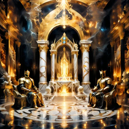 A clockwork knight on bent knee accepting a quest from the royal family, the family sits on shining golden thrones, the room is made of brilliant marble with torchlight reflecting off of it, reflections can be seen on the floors polished marble