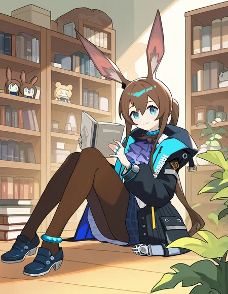 1girl, amiya \(arknights\), 
worldflipper, solo, looking at viewer, sidelocks, ascot, sitting, holding, blue eyes, hair between eyes, shelf, rabbit ears, holding book, high heels, black skirt, black footwear, white shirt, skirt, character doll, plant, animal ears, book, book stack, closed mouth, pantyhose, shirt, ponytail, long hair, open clothes, indoors, smile, bookshelf, blue ascot, brown hair, long sleeves, wooden floor, open jacket, full body, black jacket, jacket, very long hair,
masterpiece, best quality, very aesthetic, newest, absurdres, incredibly absurdres
 <lora:worldflipper-000016:1>