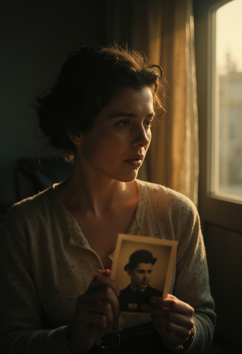 "A shaky, analog portrait of a mourner clutching a photograph, tears smearing the ink, soft golden light clashing with dark shadows, a battlefield faintly visible through the window, raw and ethereal like a fading memory." cinematic_1940s cinematic_octane