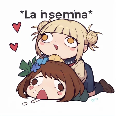score_9, score_8_up, score_7_up, rating_explicit, zPDXL2, zPDXLxxx, zPDXL3, source_anime, <lora:La_Insemina:0.6>, 2girls, simple cartoon style, blush, sweat drops, lewd pose, exaggerated eyes, sexual interaction, doggystyle position, heart, top person, bottom person, simplified anatomy, exaggerated expressions, lewd mood, chibi, english text,
BREAK toga himiko, bangs, blonde hair, yellow eyes, blunt bangs, hair bun, double bun, messy hair, skirt, long sleeves, school uniform, pleated skirt, shoes, serafuku, socks, sailor collar, blue skirt, neckerchief, kneehighs, brown footwear, cardigan, black socks, loafers, red neckerchief, yellow cardigan, fang,
BREAK uraraka ochako, brown eyes, brown hair, short hair, blush, blush stickers, skirt, shirt, school uniform, white shirt, short sleeves, pleated skirt, necktie, collared shirt, red necktie, u.a. school uniform,