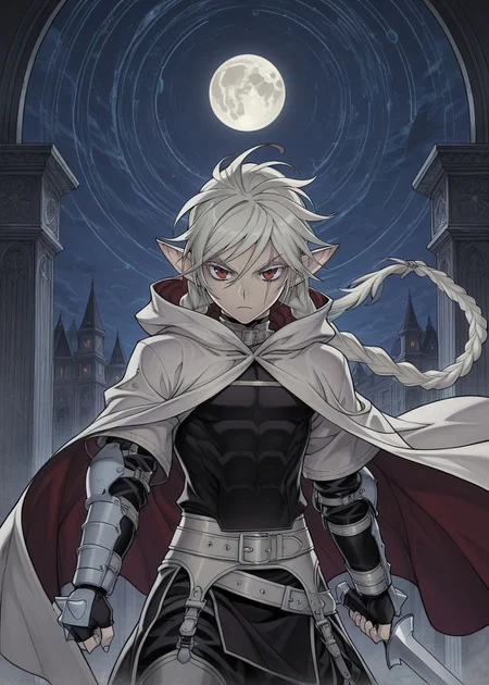 masterpiece, best quality, arms at sides, male focus, 1boy, male, gothic background, night, solo, (concept art:1.2), fighting stance, holding sword, manga panels,
<lora:Koinzell:0.8>, Koinz0l, red eyes, platinum blonde hair, scar across eye, pointy ears, twin braid, platinum blonde eyelashes, cape, hooded cloak,