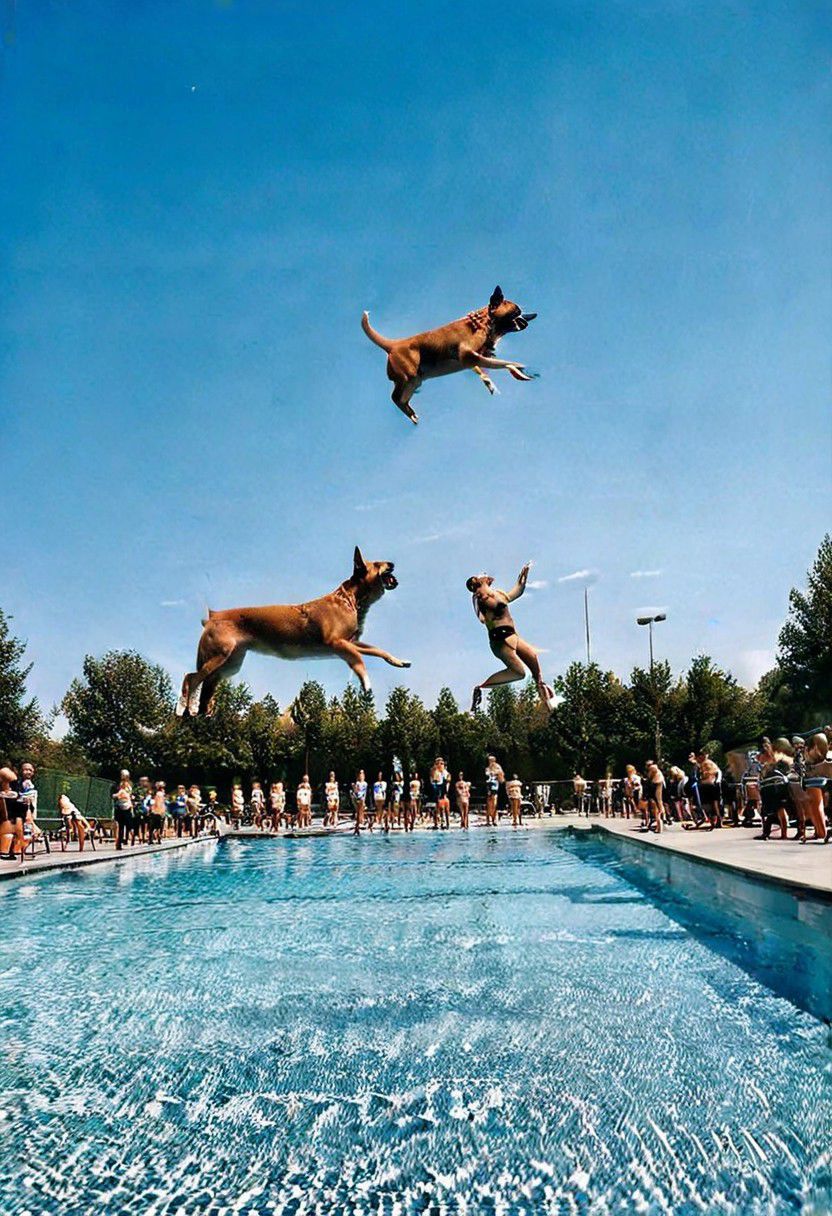 F-B-C, foreground: a dog looking up with its mouth open, background: people jumping off a pool diving platform, effect: people jumping into the dog's mouth