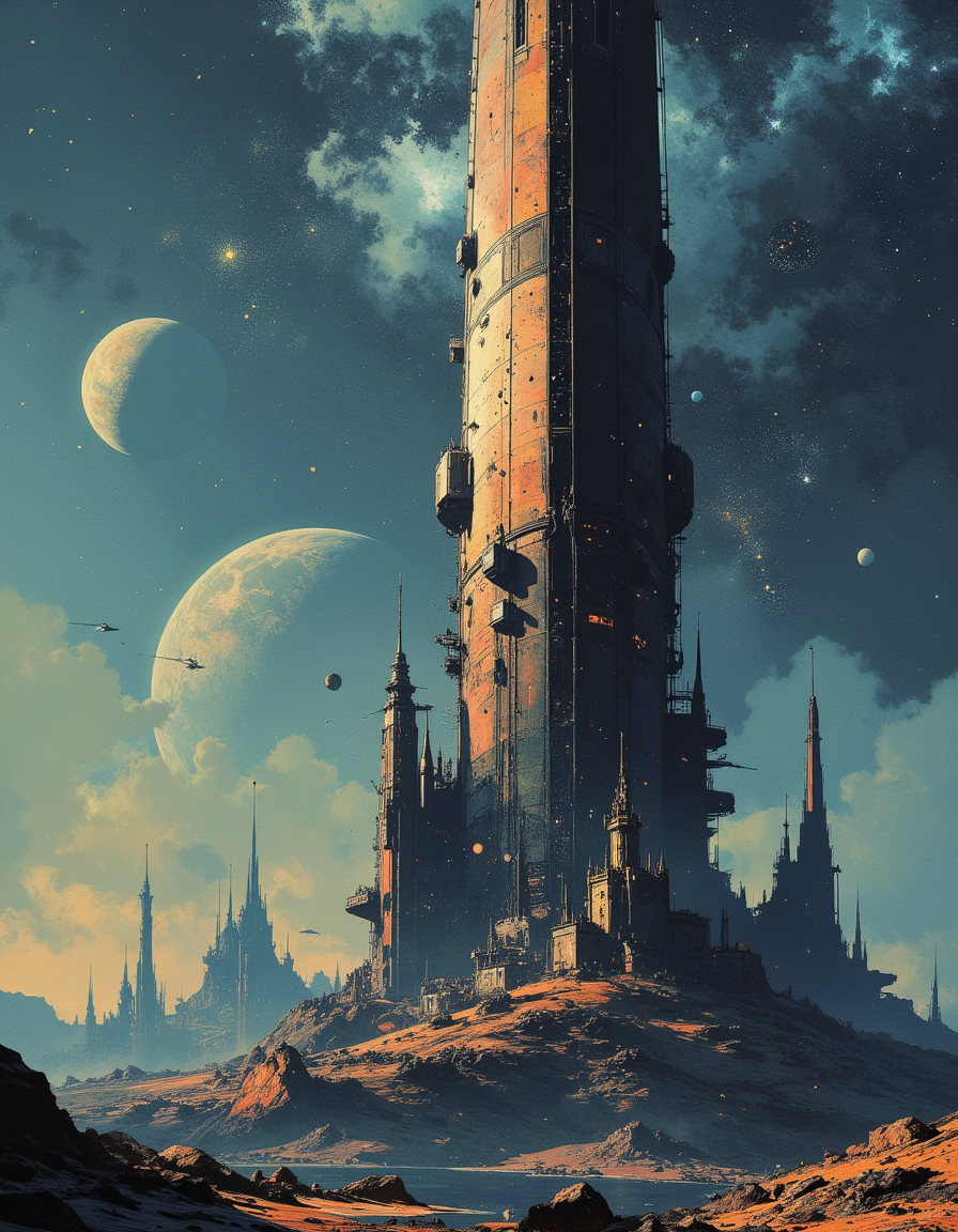 This image is a high-quality photograph. the vastness of space unfolds in an awe-inspiring spectacle. A colossal spaceship, its surface intricately textured with the patina of countless voyages, glides silently through the cosmic expanse. Its sleek yet monumental design echoes the grandeur of a bygone era, silhouetted against the muted, ethereal glow of distant stars and nebulae that bathes the scene in a dreamlike light. Below, a sprawling futuristic cityscape sprawls across a distant celestial body, its towers and spires reaching upward in harmonious alignment with the stars, crafted with a precision that reflects both technological mastery and artistic elegance. The muted color palette, dominated by soft blues, silvers, and gentle hues of lavender and gold, imbues the composition with a serene yet otherworldly atmosphere. Celestial bodies, rendered with a delicate abstraction, hover in the background, their forms both familiar and enigmatic, suggesting the infinite mysteries of the universe. This scene, with its seamless blend of the abstract and the tangible, captures the essence of John Harris's distinctive style, evoking a profound sense of awe and wonder. It is an artistic vision of space opera at its most epic and imaginative, where the boundaries of reality and imagination blur into a harmonious and captivating visual symphony.. , filigree 4k uhd, cyberpunk, enchanted reality..

(depth of field)
mythp0rt,

nigiex.  
. The background is minimalist, a gradient of shadowy blue tones, amplifying the ethereal and futuristic ambiance of the scene. The overall composition feels cinematic, blending high fashion with a science fiction aesthetic.