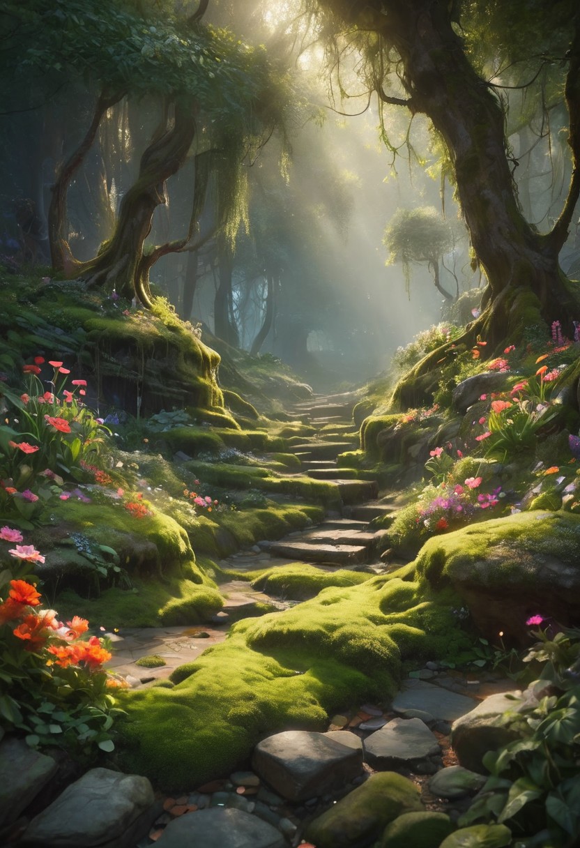 A magical, dreamy landscape filled with elegant, flowing shapes. The scene is adorned with vibrant flowers and lush moss, creating a soft, enchanting atmosphere. Incorporate smooth, rounded stones scattered throughout the area, contrasting with the delicate flora. Add intriguing cubic shapes that blend harmoniously with the natural elements, enhancing the surreal quality of the environment. The lighting is soft and ethereal, casting a gentle glow over the entire scene, inviting viewers into this whimsical world.
style of greg rutkowski,janek sedlar,jenny saville:0]  detailxl,<lora:vivid_everclear:0.35>  <lora:Sinozick:0.35>  <lora:MJ52:0.35>