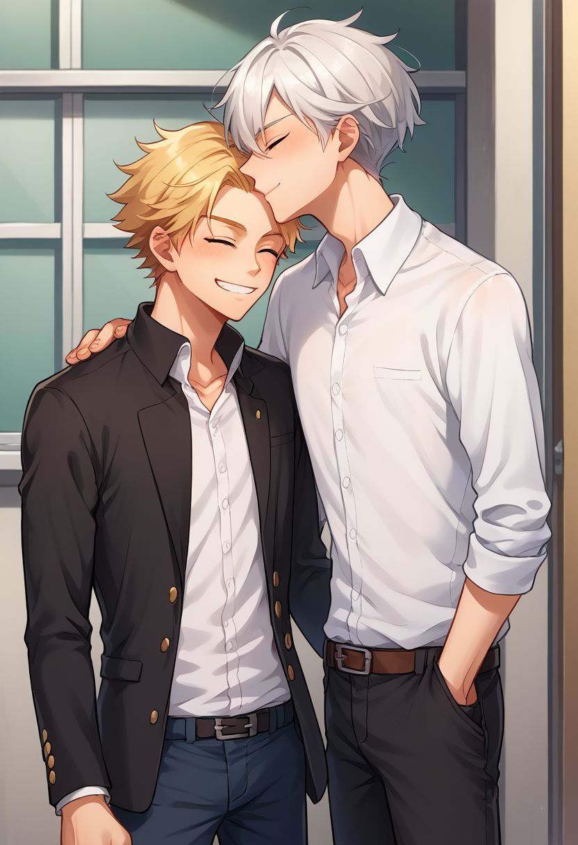 score_9, score_8_up, source_anime, highly detailed, 
kissing forehead, multiple boys, 2boys, male focus, closed eyes, white hair, smile, yaoi, shirt, school uniform, pants, skinny, blonde hair, black hair,
outdoor,