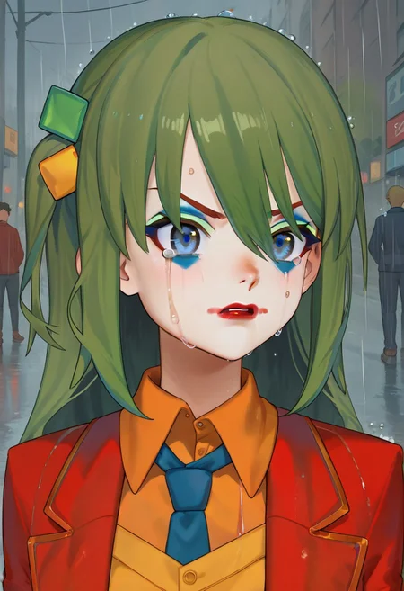 score_9, score_8_up, score_7_up, score_6_up, score_5_up, Conway671, clown, Blue eyes, red lipstick facial mark, green hair, facepaint, white makeup, red makeup, blue makeup,
orange shirt, red jacket, shirt, blue necktie,
(Crying, angry face, sad face)
grey street, rain, cold palette
Expressiveh