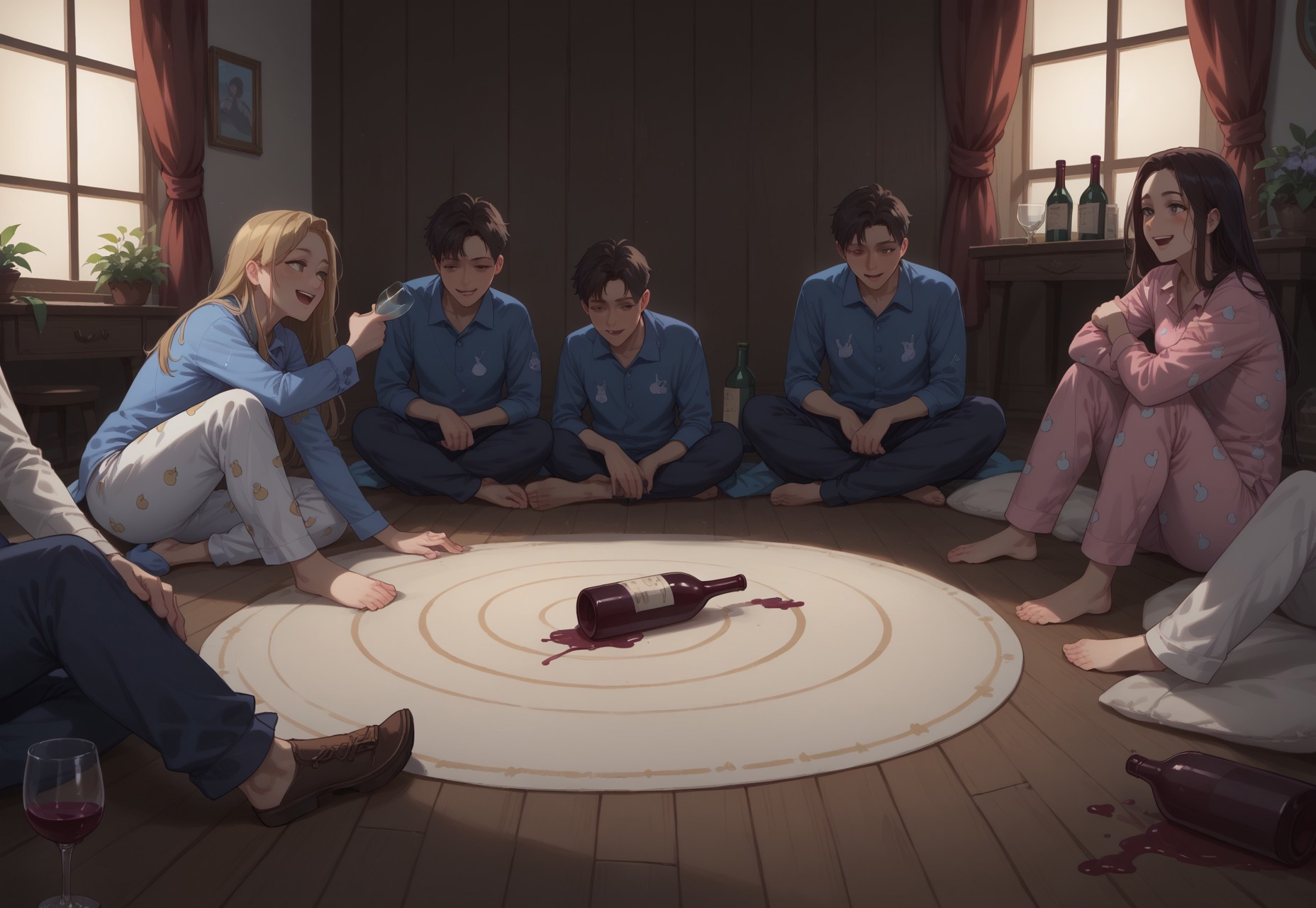 score_10, score_9, score_9_up, score_8_up, score_7_up, masterpiece, best quality, group of 6+people, 30 years old and older, the group is sitting in a circle on the floor, no one is in the center of the circle, in the middle of the circle of people is an ((empty wine bottle laying on its side)), they are playing spin the bottle, they are all wearing pajamas, happy